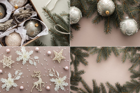 Collage of Christmas backgrounds, tree decorations and balls on powdery background, Merry Christmas and Happy New Year concept, top viewの写真素材