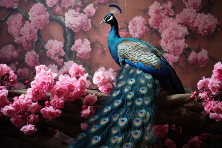 Colorful peacock on the background of pink sakura branchesの素材