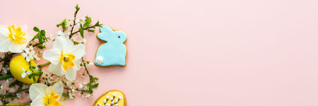 Festive banner with spring flowers and naturally colored eggs and Easter bunnies, white daffodils and cherry blossom branches on a pink pastel backgroundの写真素材