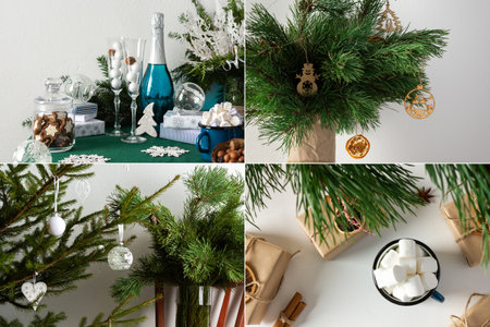 Collage of Christmas backgrounds, gifts and Christmas tree branches, marshmallows and pine branches, cookie cutters and decorative flowerの写真素材