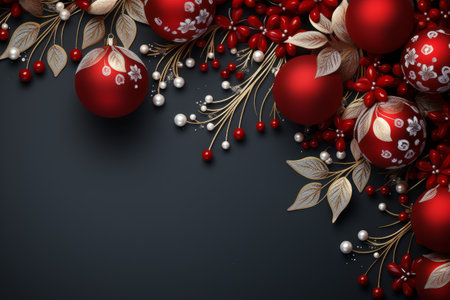 Christmas background with red spruce balls and snowflakes and fir branches , winter holidays design in gold and red colorsの素材