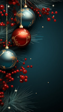 Christmas background with spruce balls and snowflakes and fir branches , winter holidays design in green and red colorsの素材