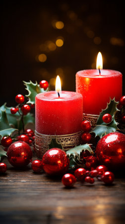 Christmas burning red candles surrounded by holly leaves and various holiday trinketsの素材