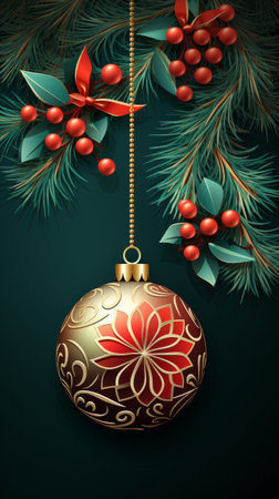 Christmas background with spruce balls and snowflakes and fir branches , winter holidays design in green and red colorsの素材