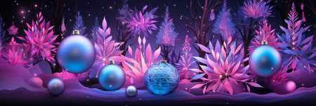 Christmas background with spruce balls and snowflakes and fir branches in neon purple colors, winter holidays design, bannerの素材