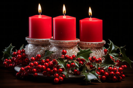 Christmas burning red candles surrounded by holly leaves and berriesの素材