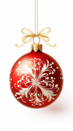 Beautiful red Christmas tree ball close-up, Merry Christmas and Happy New Year, holiday cardの素材