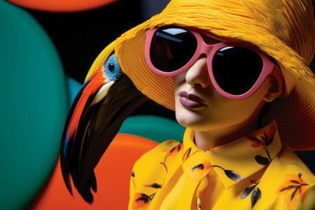 Young girls in beautiful fashionable clothes in toucan plumage colors, exotic bird and high fashion, fashion magazine coverの素材