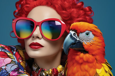 Young girls in beautiful fashionable clothes in parrot plumage colors, exotic bird and high fashion, fashion magazine coverの素材