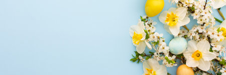 Festive banner with spring flowers and Easter eggs, white daffodils and cherry blossom branches on a blue pastel backgroundの写真素材
