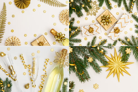Collage of Christmas backgrounds, gifts and Christmas tree branches, golden decorations and a bottle of sparkling wine, top viewの写真素材