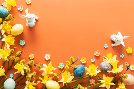 Top view of natural dyes dyed Easter eggs on orange background, yellow daffodils and bunnies, Happy...
