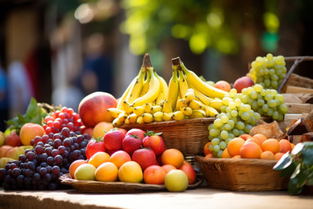 Seasonal fresh fruits at a street outdoor market, variety of organic local productsの素材