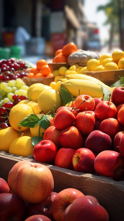 Seasonal fresh fruits at a street outdoor market, variety of organic local productsの素材