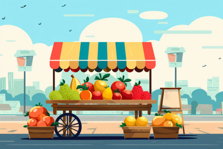 Seasonal fresh fruits at a street outdoor market, variety of organic local products, illustrationの素材