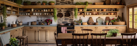 Cozy farmhouse style kitchen interior, room filled with all sorts of appliances and details rustic kitchen, bannerの素材