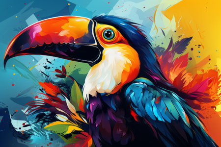 Bright exotic tropical bird toucan close-up on a bright background of flowersの素材