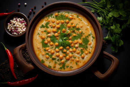 Delicious healthy bean soup, chickpea soup in a bowl with spices, rustic style, top viewの素材