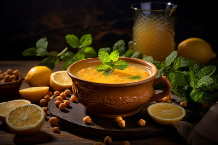 Delicious healthy bean soup, chickpea soup in a bowl with spices on a wooden background, rustic styleの素材