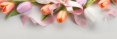 A beautiful bouquet of tulips tied with a satin ribbon, the concept of spring and women's holiday March 8, birthday, bannerの素材