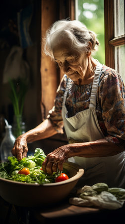 Senior woman washes various vegetables, an elderly woman housewife is going to preserve fresh vegetables for the winter, view of the kitchen near the windowの素材