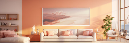 Modern fashionable interior in soft peach color, peach sofa near the windowの素材