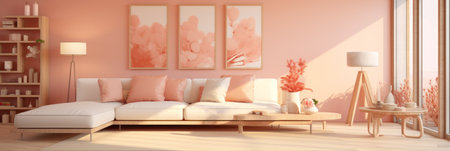 Modern fashionable interior in soft peach color, peach sofa near the windowの素材