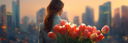 Young beautiful girl holding a beautiful bouquet of tulips, birthday or March 8th day conceptの素材