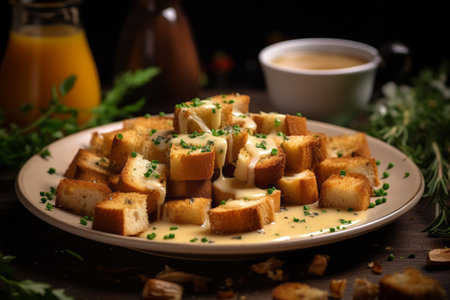Crispy delicious juicy crispy croutons with garlic and seasoning, croutons in a plate with sauce on a dark backgroundの素材