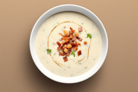 Top view of onion cream soup with garlic croutons, plate with pack on a beige backgroundの素材