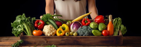 Fresh harvest of vegetables from her garden in a wooden box close-up against the backdrop of the vegetable garden, a young girl holds a box with vegetables, bannerの素材