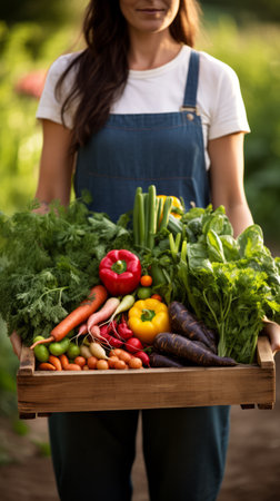 Fresh harvest of vegetables from her garden in a wooden box against the backdrop of the vegetable garden, a young girl holds a box with vegetablesの素材
