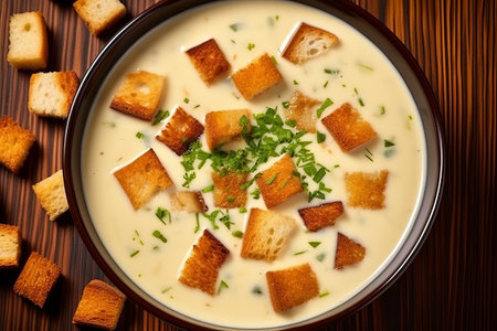 Top view of onion cream soup with garlic croutons, plate with pack on wooden backgroundの素材