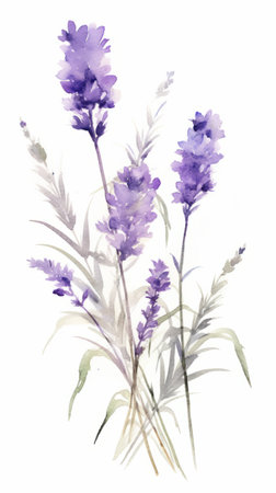 Blooming lavender bouquet isolated on white background, banner watercolor illustrationの素材