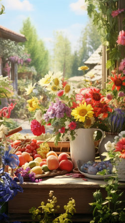 Beautiful garden with blooming summer flowers in the garden, flowers in pots near the houseの素材
