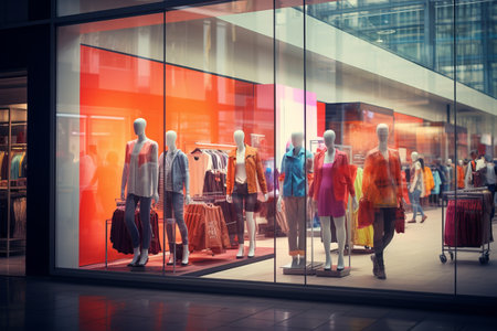 Blurred large storefronts in a shopping center with blurry colorful mannequins and shoppersの素材