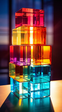 Multi-colored glass cubes in the rays of the sun, transparent colored cubesの素材