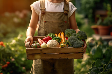 Fresh harvest of vegetables from her garden in a wooden box against the backdrop of the vegetable garden, a young girl holds a box with vegetablesの素材