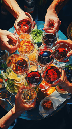 Cheerful friendly party, people celebrating, glasses of wine in hands while toastingの素材