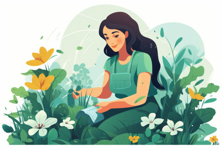 Gardener taking care of his flowers in the garden, illustrationの素材
