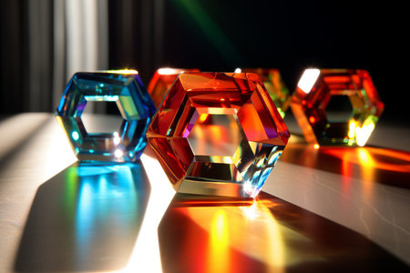 Multi-colored glass polyhedra in the rays of the sun, transparent colored cubesの素材