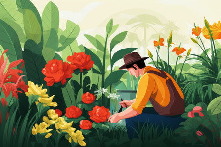Gardener taking care of his flowers in the garden, illustrationの素材