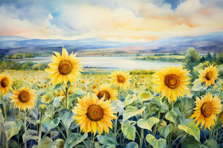 Blooming fields with yellow sunflowers, watercolor illustrationの素材