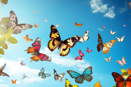 Bright blue sky with clouds and flying colorful butterfliesの素材