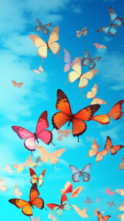 Bright blue sky with clouds and flying colorful butterfliesの素材
