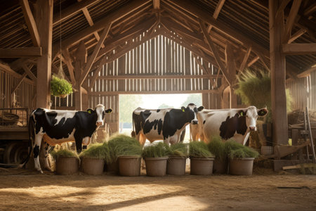 Barn with dairy cows in the backyard of a country house, breeding domestic animals in the village, bannerの素材