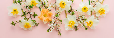 Festive banner with spring flowers, white daffodils and flowering cherry branches on a light pink pastel backgroundの写真素材