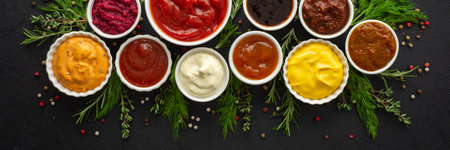 Different types of sauces in bowls with seasonings banner, rosemary and dill, thyme and and peppercorns, top view, copy spaceの写真素材