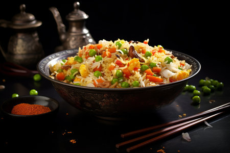 Chinese fried rice with spices and peas, herbs and sauce, vegetables in a bowlの素材