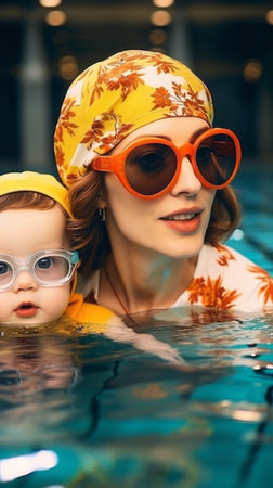 Mom with children in the pool, wonderful summer time with family, active summer holidayの素材